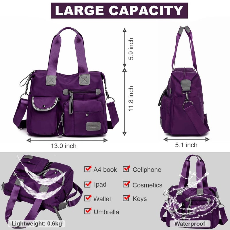 YouNuo Women Nylon Tote with Multiple Pockets & Zipper, Work Nursing Bag, Large Shoulder Handbag, Waterproof Galaxy Cross body Purse for Travel (Pure Purple) - Image 4
